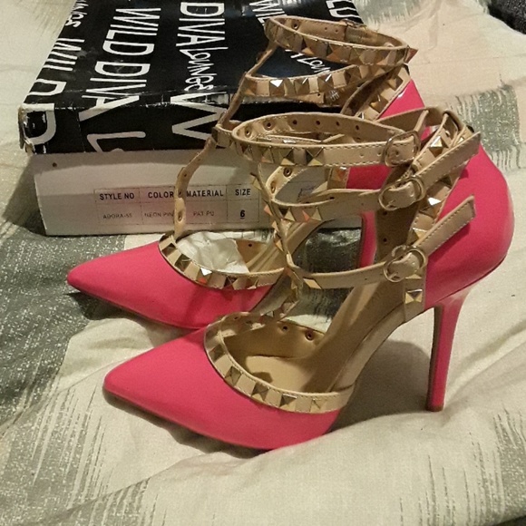 Neon pink and nude color 4 inch heels - Picture 3 of 7